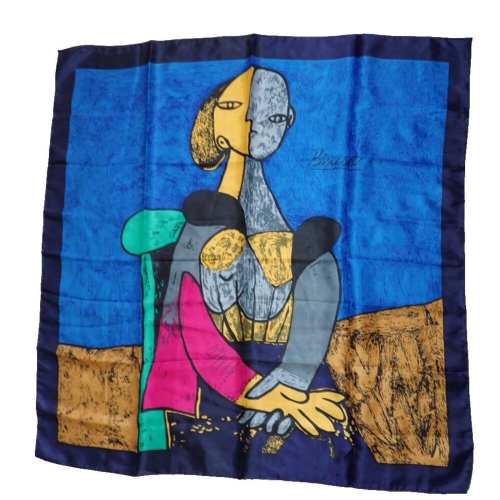Picasso Sunkyung Sa Scarf Cubist Portrait 34" x 34" Silk Vibrant Blue Multicolor